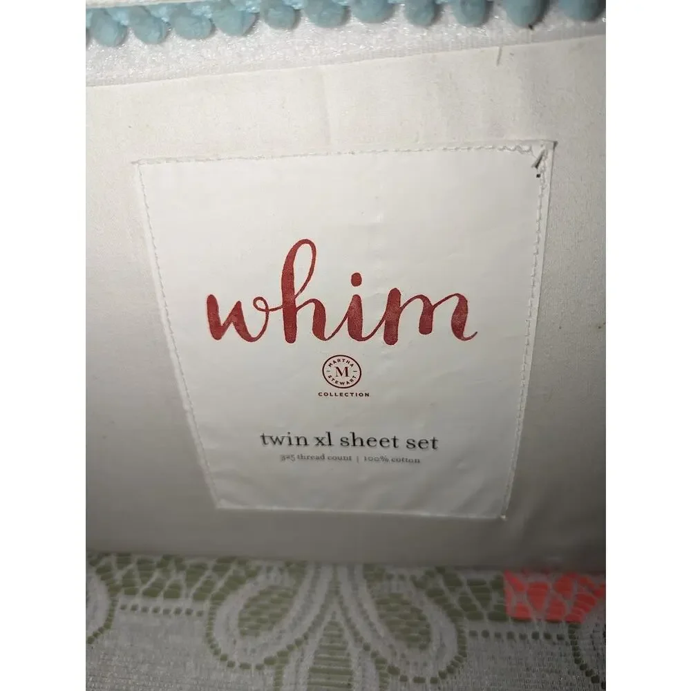 Whim by Martha Stewart TWIN XL Sheet Set Solid Hem WHITE/POM BLUE D9Z107